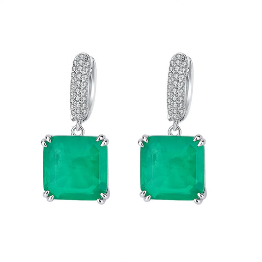 Vintage 100% 925 Sterling Silver 12*12mm Emerald Ruby Paraiba Tourmaline Drop Earrings - Vogue J'adore