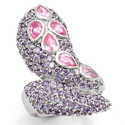 925 Sterling Silver Rhodium-Plated Ring - Pink and Lilac CZ Accents - Pink Stars - Vogue J'adore